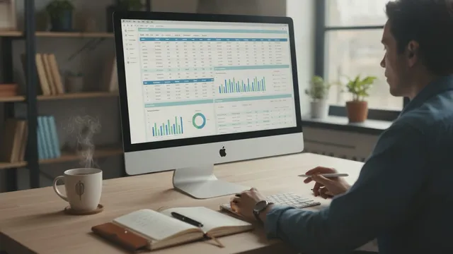Person reviews a monthly budget spreadsheet on a laptop with a coffee cup and open notebook beside them on the desk.