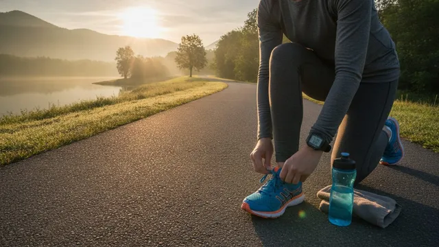 Person lacing up running shoes on a path at sunrise, with warm golden light in the background