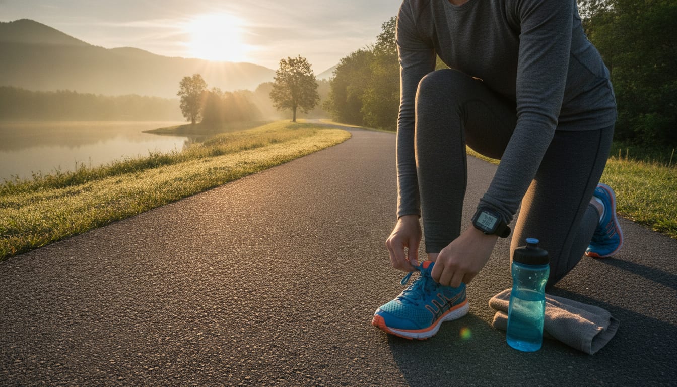 Person lacing up running shoes on a path at sunrise, with warm golden light in the background