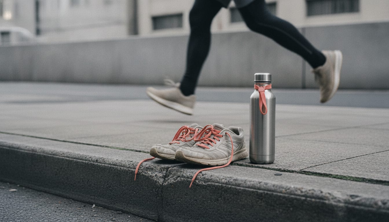 Worn running shoes and steel water bottle with coral accents on a concrete sidewalk, jogger's legs blurred behind.