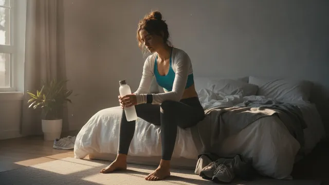 Person in workout clothes sits on the edge of a bed in morning light, holding a water bottle and looking