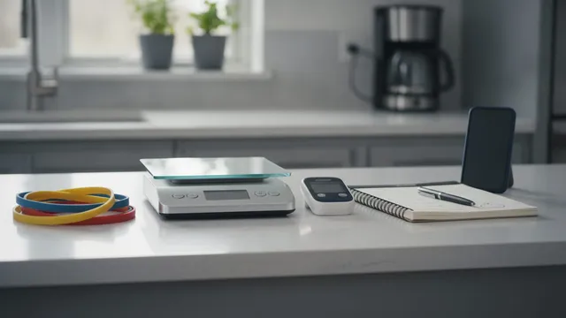 Glucose meter, food scale, resistance bands and an open notebook arranged on a kitchen counter at home