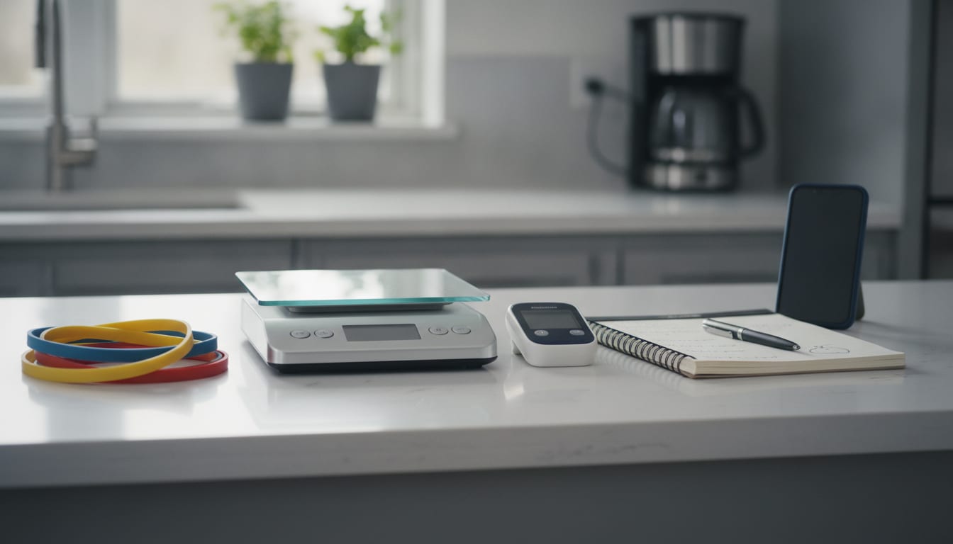 Glucose meter, food scale, resistance bands and an open notebook arranged on a kitchen counter at home