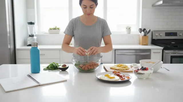 Person cooking a high-protein breakfast in a bright kitchen, with a notebook and water bottle on the counter.