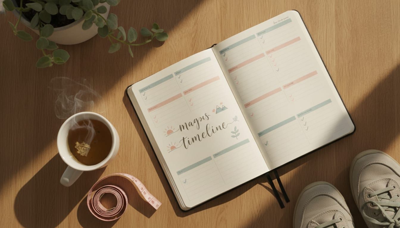 Overhead view of an open journal with habit trackers on an oak desk beside a measuring tape, tea mug, and walking shoes.