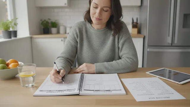 Person at a kitchen table reviewing a budget planner alongside a healthy grocery list.