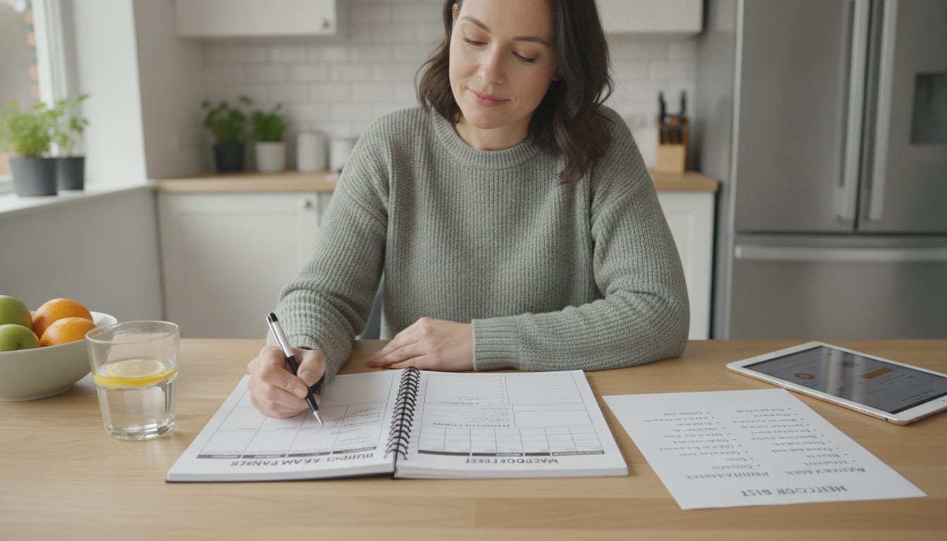Person at a kitchen table reviewing a budget planner alongside a healthy grocery list.