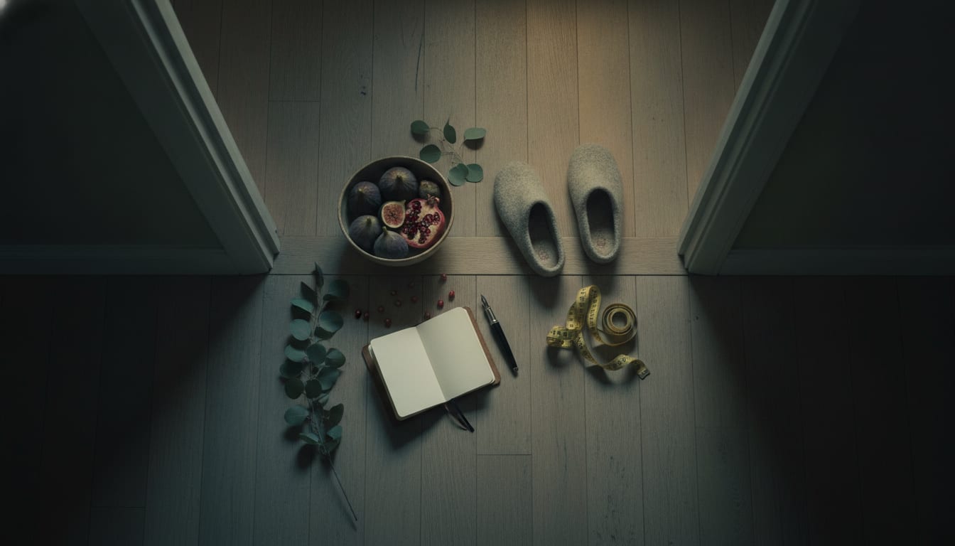 Overhead view of figs, pomegranates, journal, slippers, measuring tape, and eucalyptus on a wooden doorway threshold.