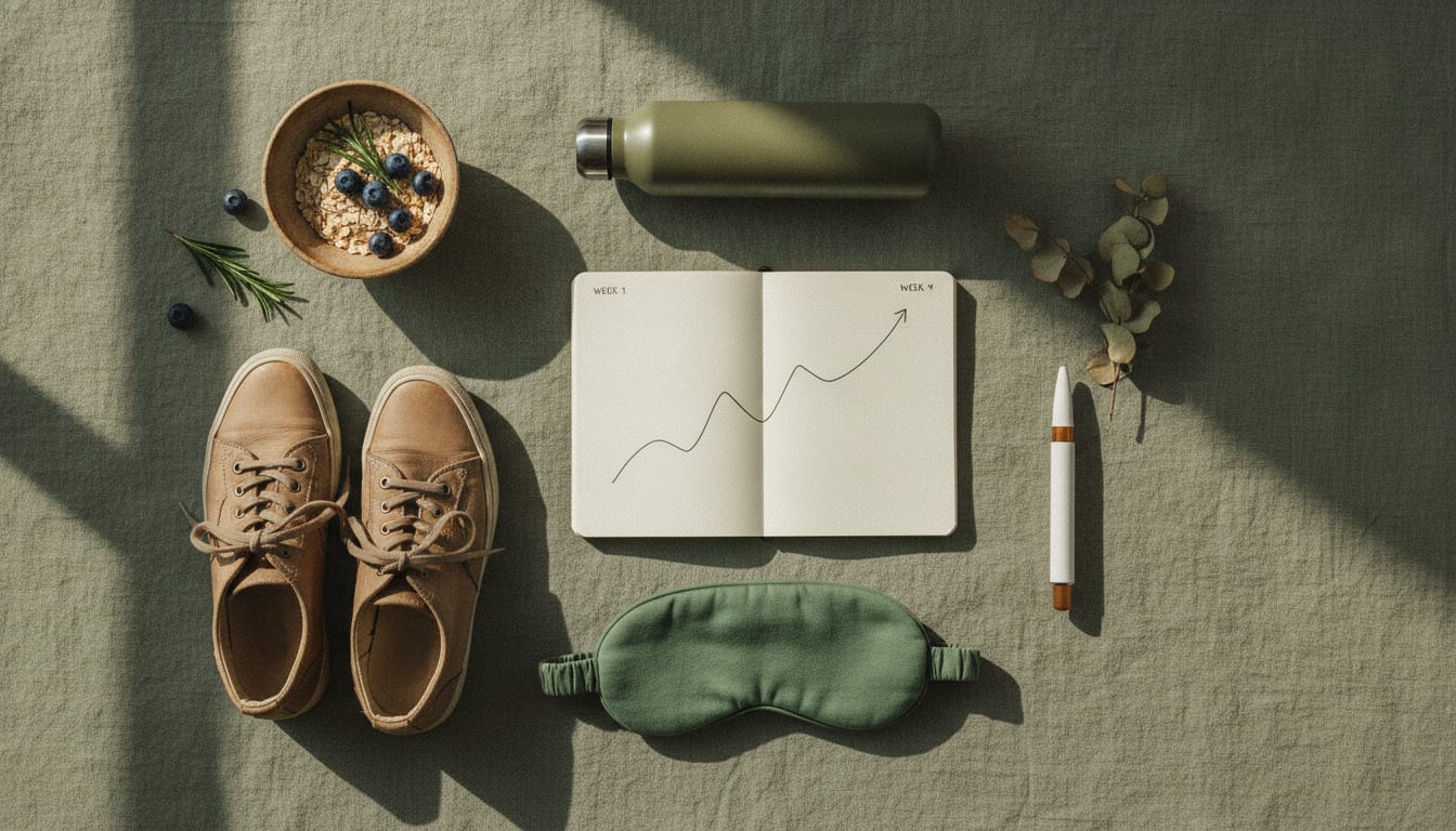 Overhead flat lay on linen with oats, berries, herbs, walking shoes, water bottle, notebook, sleep mask, and pen.