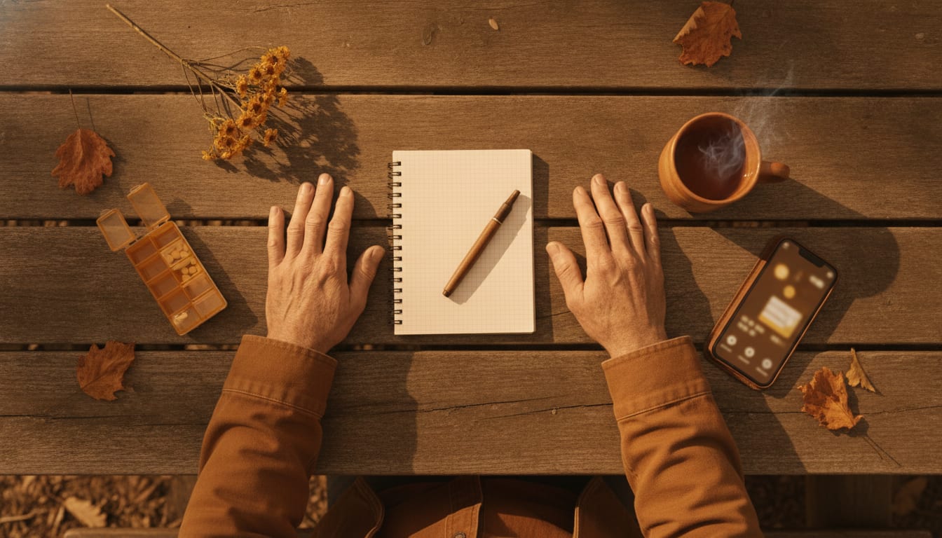 Overhead view of older adult's hands on wooden table with notebook, tea, phone showing telehealth, and pill organizer.