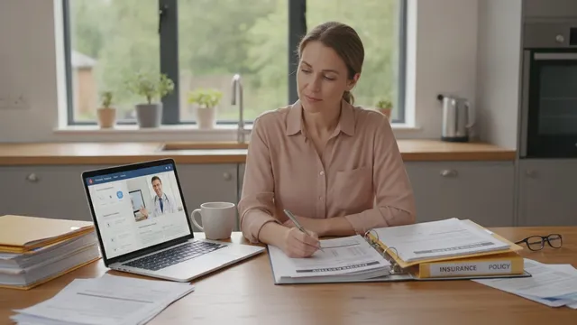 Person at a kitchen table reviewing insurance documents beside a laptop displaying a telehealth portal.