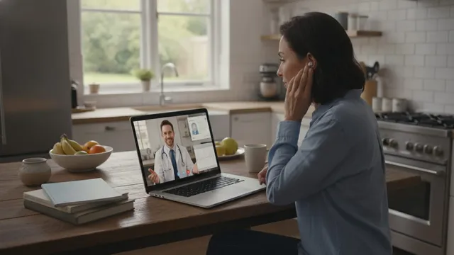 Person sitting at kitchen counter with laptop open, speaking with a doctor during a virtual telehealth appointment.