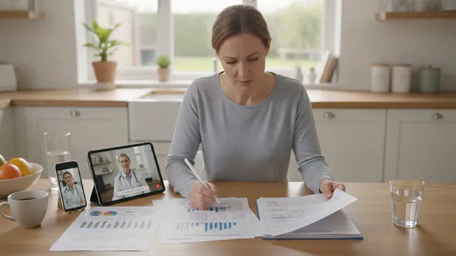 Person at a kitchen table reviewing printed lab results and a handwritten glucose log before a telehealth visit
