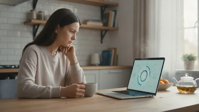 Person sitting at a kitchen table with a laptop and cup of tea, looking thoughtful.