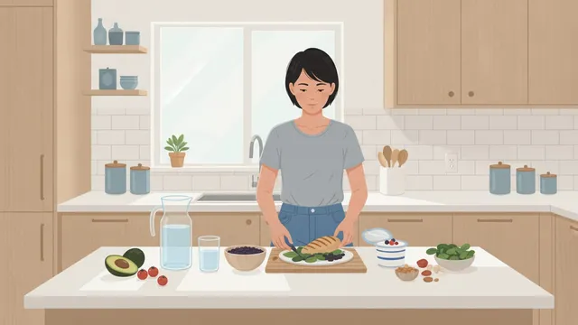 Person plating a simple high-protein meal next to a glass of water on a kitchen counter