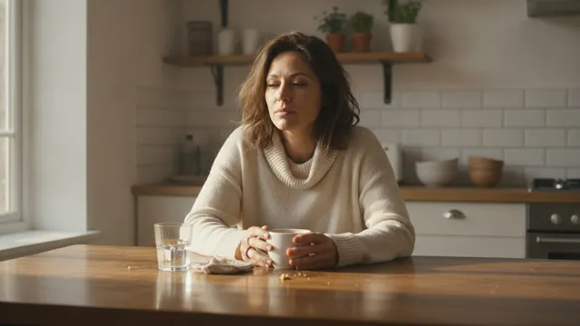 Tired but calm person sits at a kitchen table in morning light with a cup of coffee and a glass of water