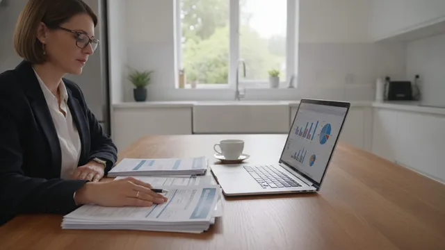 Person at a kitchen table reviewing insurance documents alongside an open laptop