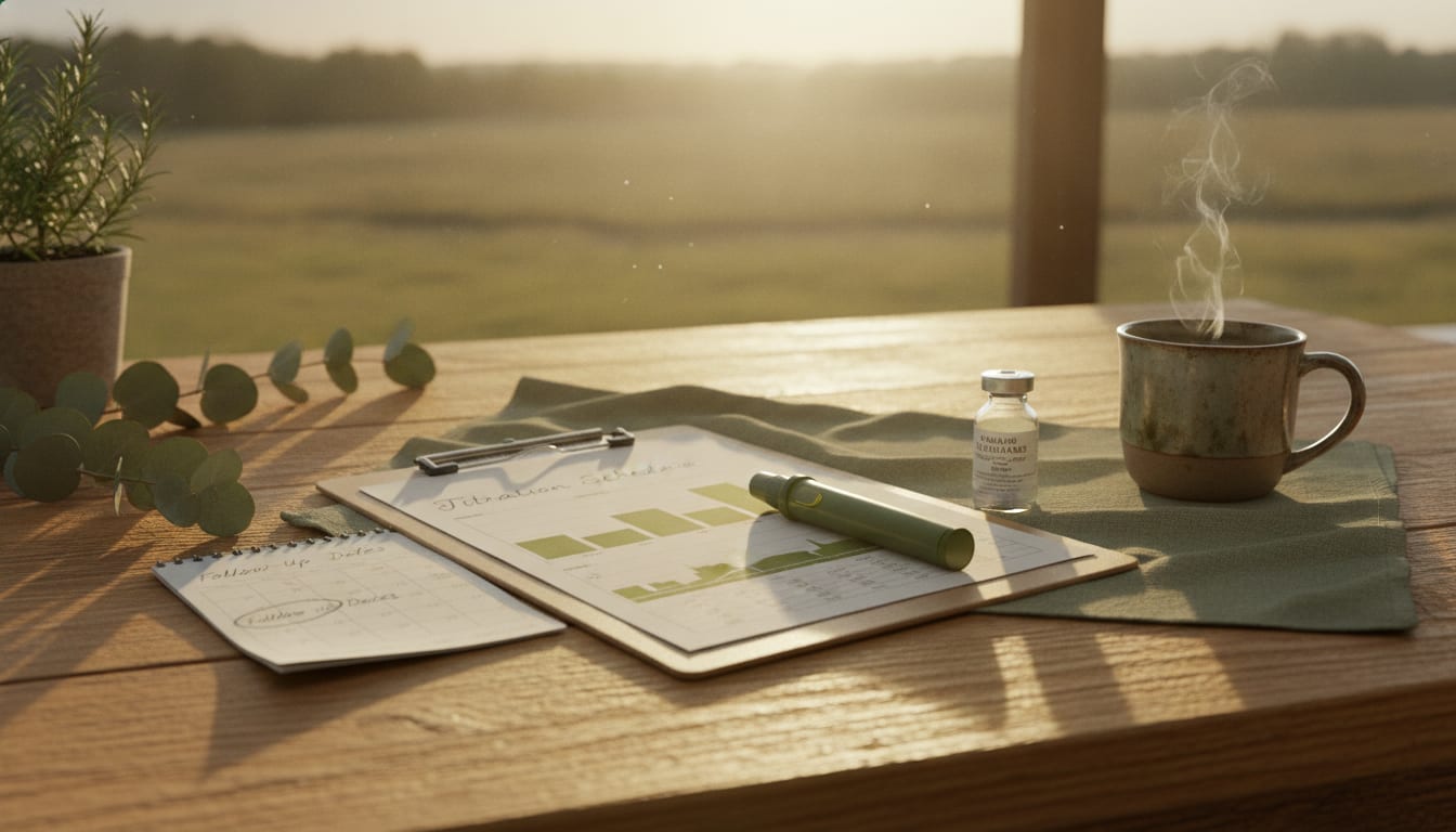 Golden-hour light on a farmhouse table displaying a clipboard, injector pen, vial, lab report, calendar, and herbal tea.