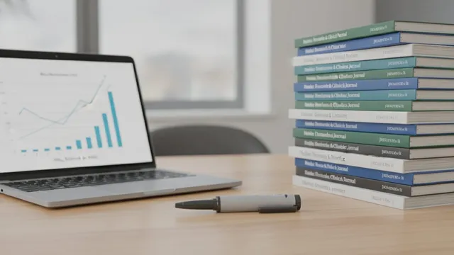 GLP-1 injection pen next to a stack of clinical journals and a laptop showing trial data charts on a desk