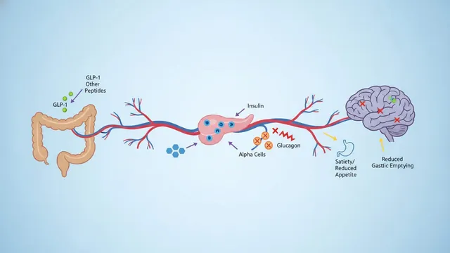 Illustrated diagram of GLP-1 hormone pathway with arrows connecting the gut, pancreas, and brain showing signaling routes.