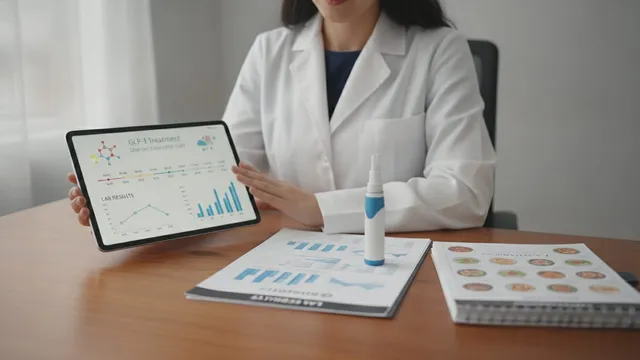 Clinician reviews a GLP-1 treatment plan on a tablet beside a dosing p