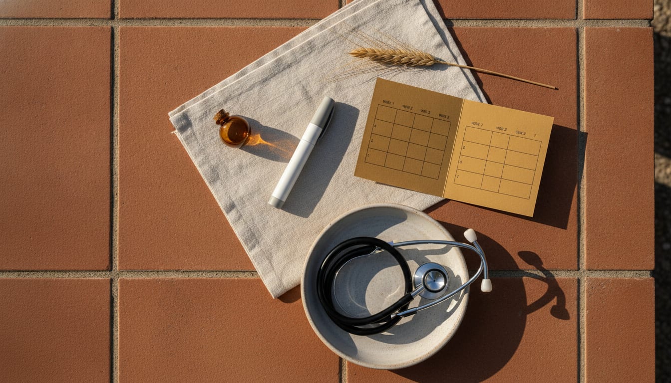 Overhead flat lay on terracotta tiles: injector pen on linen, amber vial, titration card, wheat sprig, coiled stethoscope.