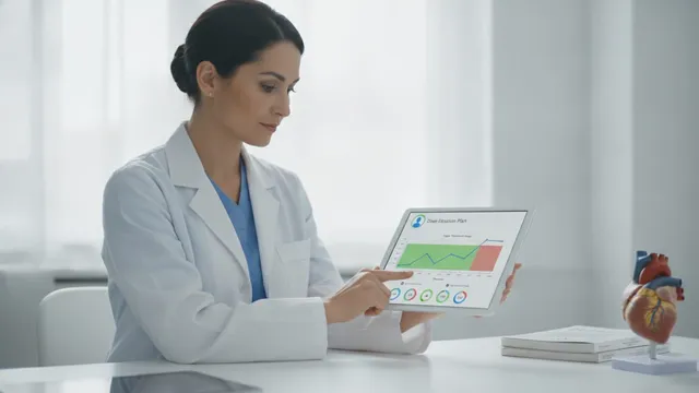 Clinician in a white coat reviews a patient's dose titration plan on a tablet.