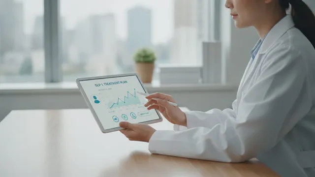 Clinician in white coat reviews a patient's GLP-1 medication treatment plan on a tablet in a medical office.