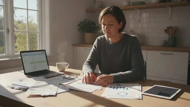Person seated at a kitchen table reviewing medical bills and lab results, with sunlight streaming through a nearby window.