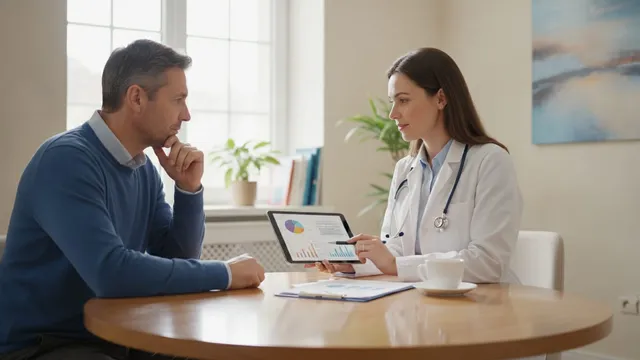 Physician discusses lab results with a patient across a desk in a softly lit, welcoming consultation room.