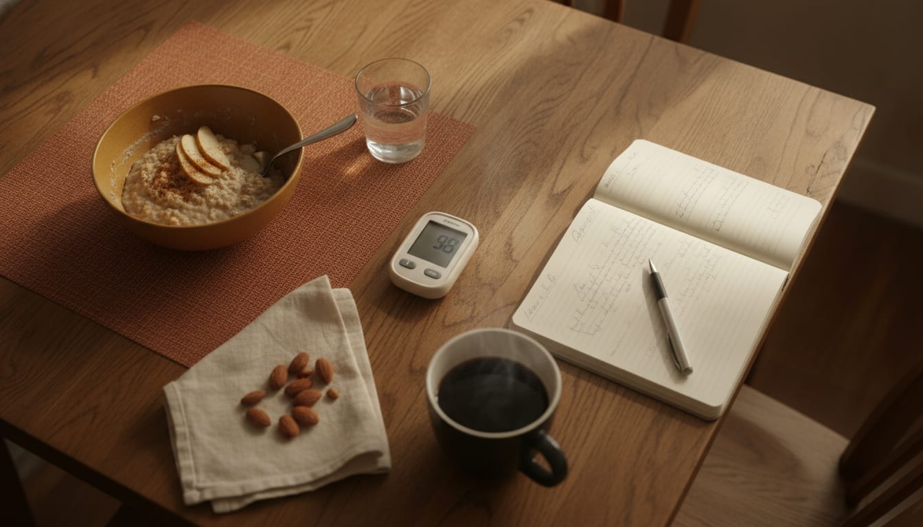 Overhead view of a wooden table with oatmeal, pear, coffee, almonds, notebook, and glucose monitor in warm light.