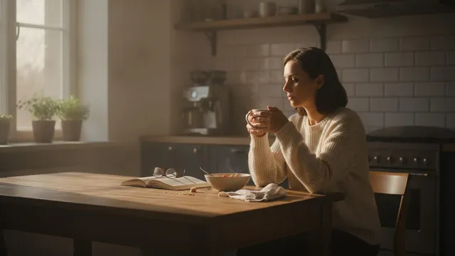 Person sitting at a kitchen table gazing thoughtfully at a coffee cup as morning light streams through the window.