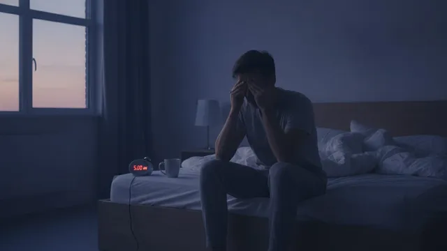 Person sits on the edge of a bed at dawn, rubbing their eyes in early morning light